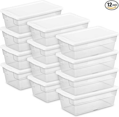 Sterilite 12-Pack 6 Quart Storage Boxes, Stackable Clear Plastic Bins with Snap-On Lids – Heavy-Duty Organizing Containers for Closet, Bathroom, and Office