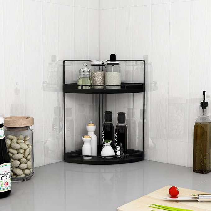 Dorhors 2-Tier Bathroom Counter Organizer,Vanity Counter Corner Shelf, Skincare, Wood Countertop Bathroom Storage and Organization for Kitchen (Black)