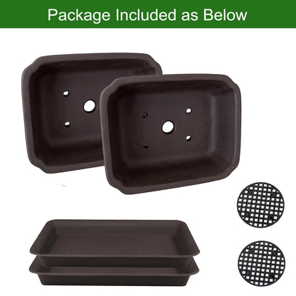 MUZHI 2PACK Unglazed 6” Ceramic Bonsai Pot with Humidity Trays, Breathable Handmade Rectangle Bonsai Starter Planter for Bonsai Tree, Juniper,Ficus, Money Tree