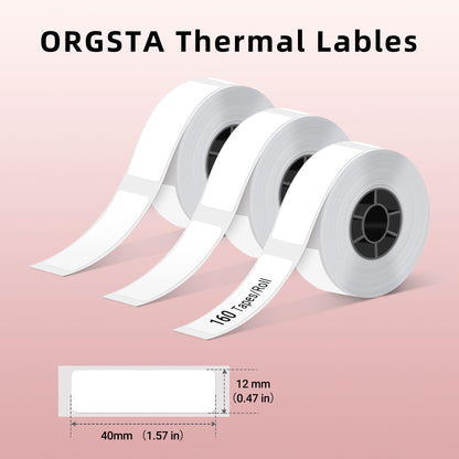 ORGSTA Label Maker Tape, Standard Laminated Thermal Label Tape Replacement, 0.47"x1.57" (12x40mm), Compatible with S001 Label Maker, Self-Adhesive Labeling Tape 160 Tapes/Roll, 3-Roll, White