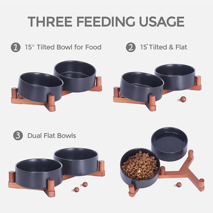 Elevated Ceramic Dog Bowls for Small Dogs, Adjustable Wooden Stand with Raised Food & Water Bowls, Modern Pet Feeding Station for Cats and Small Dogs, Non-Slip 13.5oz Black | Adjustable Wooden Stand