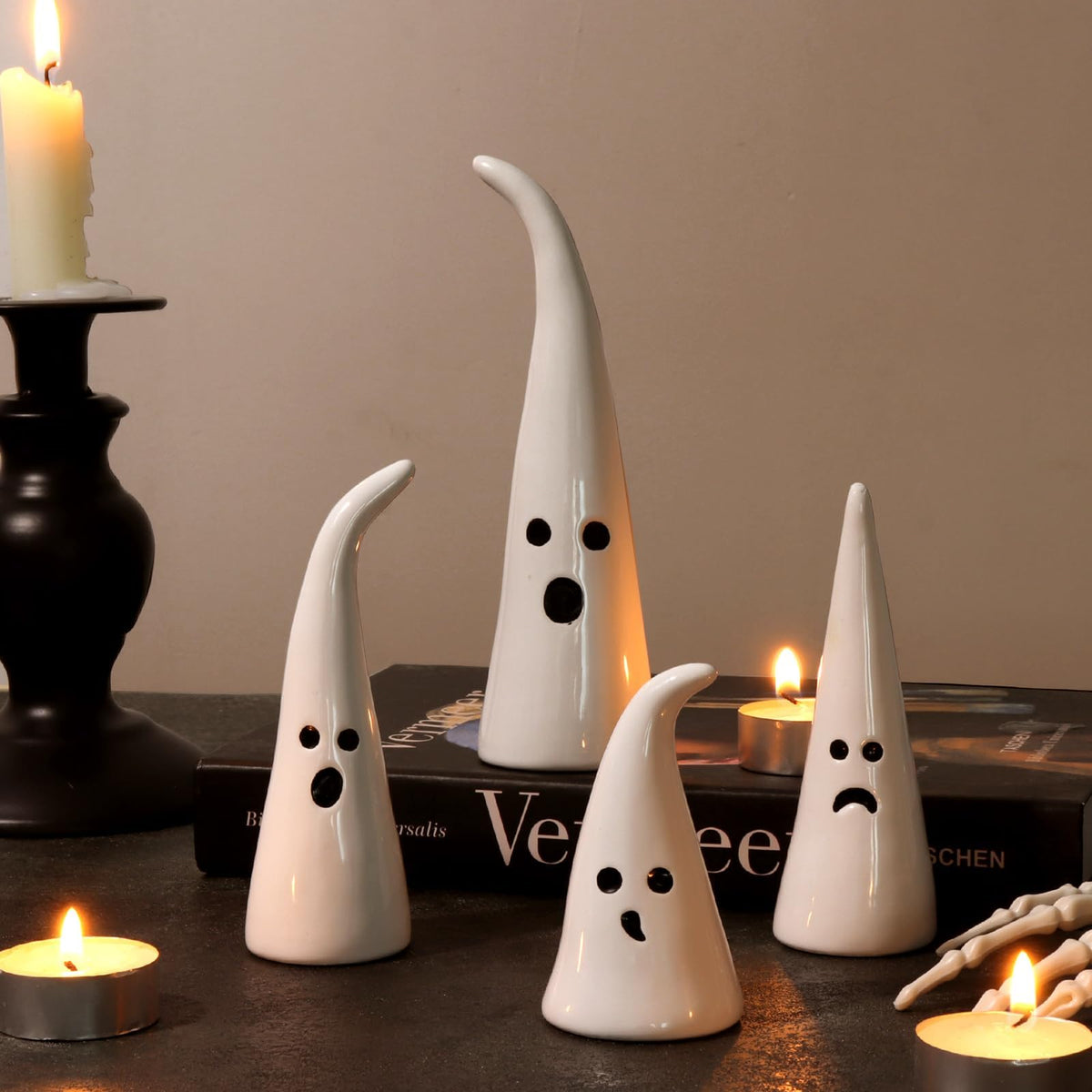 Pawliss Halloween Decor Ceramic Ghost: 4 pcs Cute Halloween Decorations Indoor, Rustic Witch Hat Shape Ghost Figurine, Farmhouse Table Desk Tiered Tray Mantel Fireplace Decor for Kids Home Office