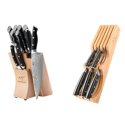 Kitchen Damascus Knife Set, 15 Pieces Kitchen Knife Set with Block, ABS Ergonomic Handle for Chef Knife Set, Knife Sharpener, Kitchen Shears, Natural Wooden Block and Bamboo Drawer Organizer, Gift Box
