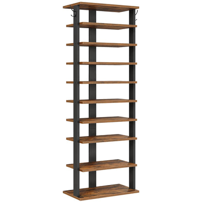 HOOBRO 10 Tiers Vertical Shoe Rack, Wooden Shoe Storage Organizer with Hooks, Narrow Shoe Tower for 20 Pairs, Space Saving, for Entryway, Living Room, Bedroom, Rustic Brown FG140XJ01