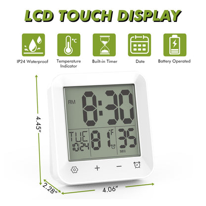 Wisoee Digital Shower Clock Waterproof, Bathroom Wall Clock Timer with Touch Screen, Temperature, LCD Display, Suction Cup Hanging Hole Stand for Kids and Adults