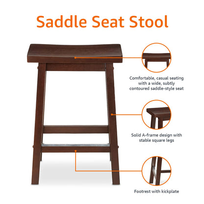 Amazon Basics Solid Wood Saddle-Seat Counter Height Bar Stools for Kitchen Island with Footrest, 24-Inch Height, Walnut, Set of 2