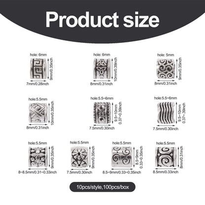 Cheriswelry 100Pcs Alloy Large Hole Spacer Beads Tibetan Column Beads Antique Silver European Beads Metal Spacers 8-10mm for Hair Crafts DIY Snake Chain Bracelet Jewelry Making Supplies