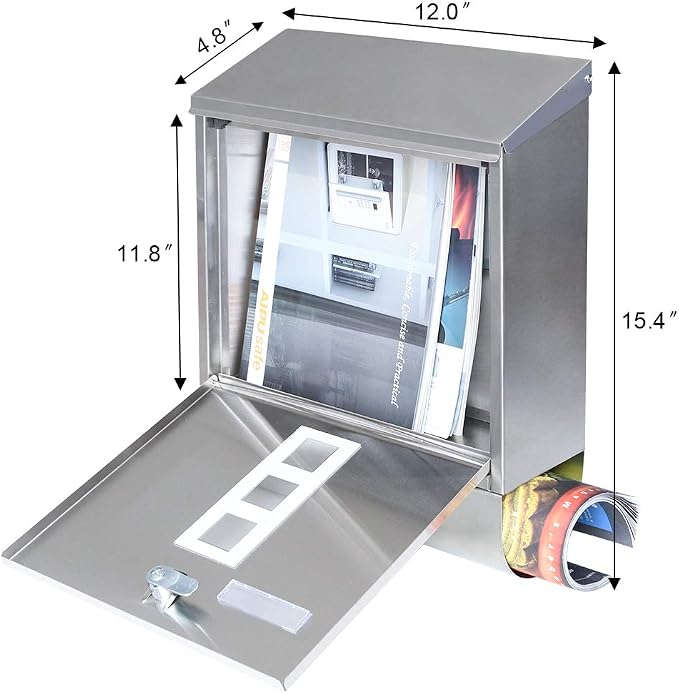 Decaller Stainless Steel Mailbox with Key Lock, Metal Wall Mount Rust-Proof Mail Box with Newspaper Compartment for Outside, 15.4" x 12" 4.8", 2203 Silver