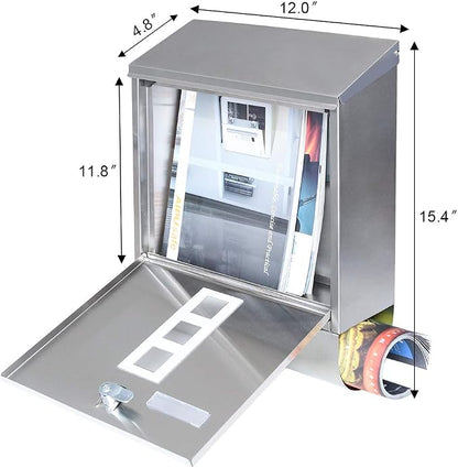 Decaller Stainless Steel Mailbox with Key Lock, Metal Wall Mount Rust-Proof Mail Box with Newspaper Compartment for Outside, 15.4" x 12" 4.8", 2203 Silver