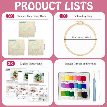 JOZYSH Green Plants of Various Shapes Punch Needle Kits for Beginner, DIY Punch Needle Kit Adults Beginner Include 3 Pre-Printed Fabrics, Embroidery Hoop, Threads, Craft Gifts and Decorations