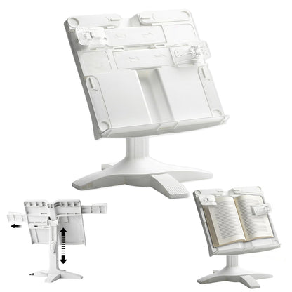 Adjustable Book Stand for Reading,160° Rotating Hands Free Book Stand,Adjustable Height and Angle Recipe Book Holder, with Extendable Page Clips, for Tablet,Laptop,Magazine,Recipe