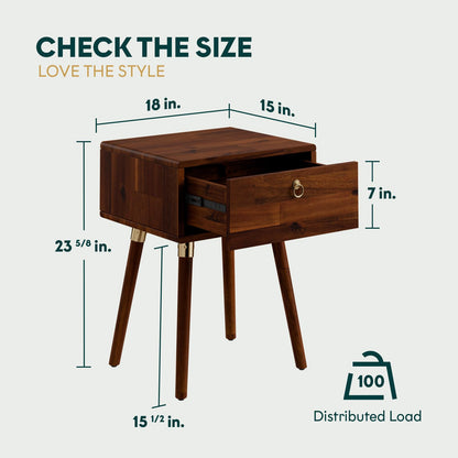 Bme Alden Solid Wood Nightstand/Side Table/End Table, Fully Assembled, with 1-Drawer for Mid Century Bedroom and Living Room, (12mm), Dark Chocolate