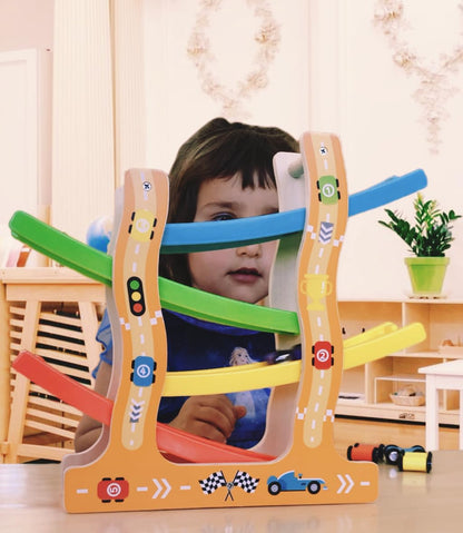 EduLand Montessori Visual Tracking Skills Transportation Model Rail Glide car Ramp Racer Toy for Toddlers 4 Level Race Car Toy Set Includes 6 Wood Cars Building Learning Toys for 3 4 5 6 7 Years Old
