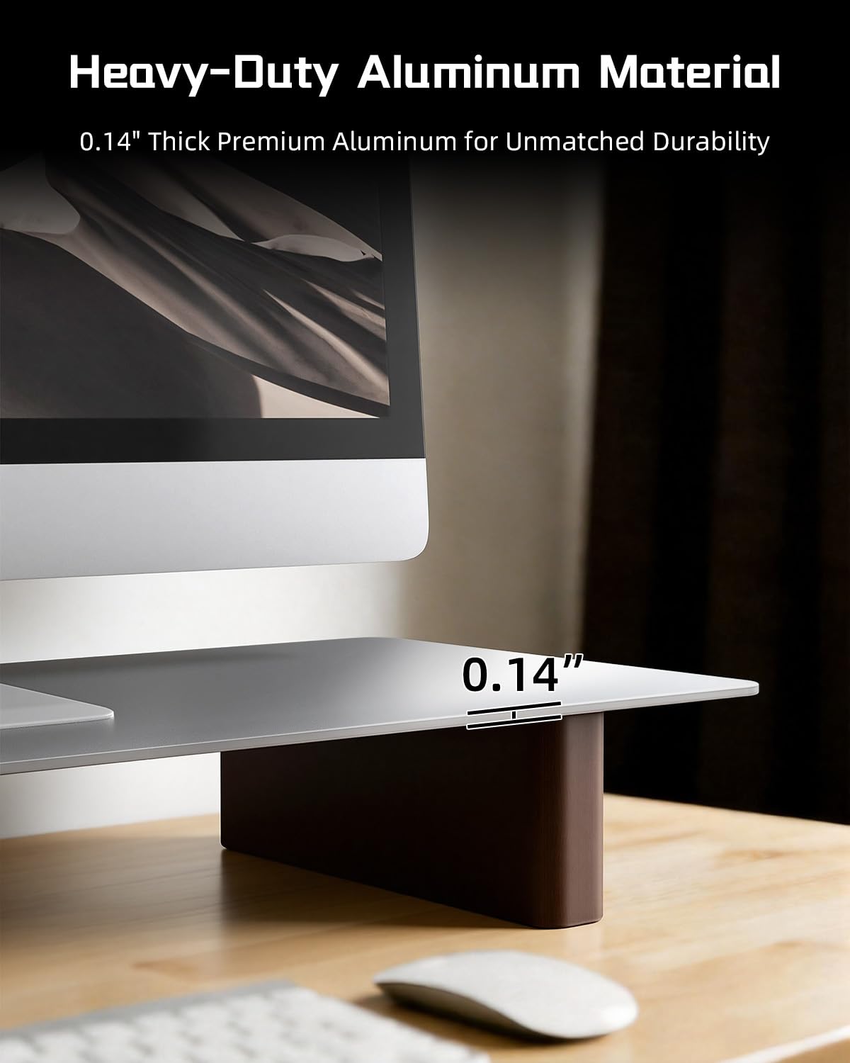 CHENOMiNL Aluminum Monitor Stand Riser, Ergonomic Desktop Shelf with Wooden Legs - 31.5” Wide Heavy Duty Computer Stand for Home Office, Universal Desktop Monitor Riser for PC, iMac, MacBook, Laptop