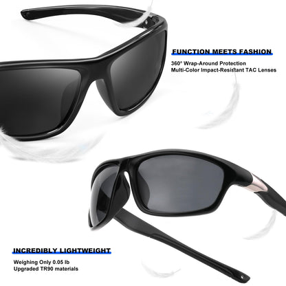 2 Pack Polarized Sports Sunglasses for Men Women, TR90 Wrap Around Design Sun Glasses UV400 Protection Outdoor Driving Cycling Fishing Black+Tortoise