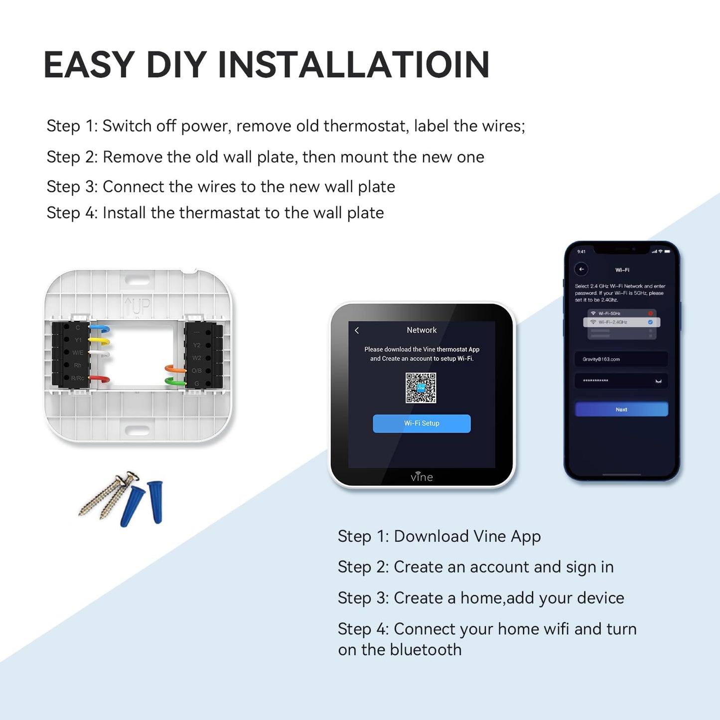 vine Smart Thermostat Larger Color Screen Thermostats for Home Heat and AC, 7 Day Programmable WiFi Thermostat App Control Compatible with Alexa and Google Assistant, C-Wire Required