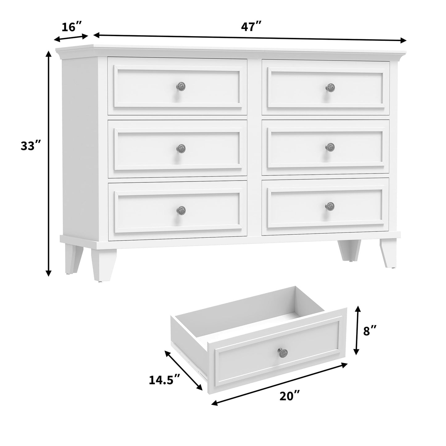 GarveeHome Farmhouse White Dresser for Bedroom with 6 Drawer, Double Dresser TV Stand with Vintage Handle, Wide Wood Dressers & Chests of Drawers, 6 Drawer Dressers for Bedroom, Living Room, Hallway