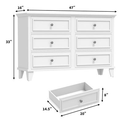 GarveeHome Farmhouse White Dresser for Bedroom with 6 Drawer, Double Dresser TV Stand with Vintage Handle, Wide Wood Dressers & Chests of Drawers, 6 Drawer Dressers for Bedroom, Living Room, Hallway