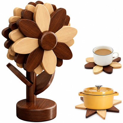 Cycayit 5-Piece Wooden Flower Trivets for Hot Pots and Pans with Storage Stand - Flippable Beech Wood Wooden Trivet Tree, Hot Pads for Kitchen, Tree Trivet, Trivets for Hot Dishes, Kitchen Gifts