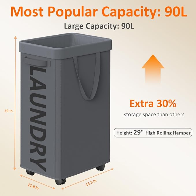 Laundry Basket with Wheels, 90L Rolling Laundry Hamper with Wheels, Large