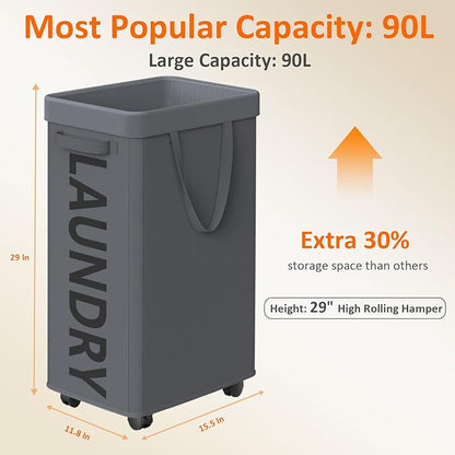 Laundry Basket with Wheels, 90L Rolling Laundry Hamper with Wheels, Large