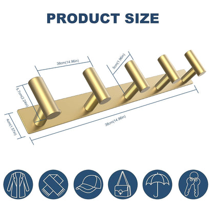 VAEHOLD Hat and Coat Wall Mount Rack - Hooks for Robes, Bags, Keys, and Towels - Bathroom Towel Hanger Organizer (Gold, “T“ Shape 5 Hooks 1 Pack)