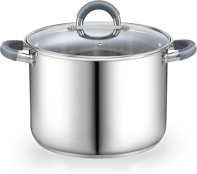 Cook N Home Basics 12 Quart Stainless Steel Stock Pot with Lid, Cooking Pot for Pasta, Soup, Stay-Cool Silicone Handle, Stockpot with Even Heating, Oven Safe, Cookware for Canning, Boiling, Simmer