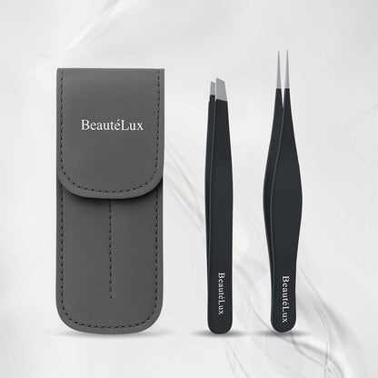BeautéLux Precision Tweezer Set – Slant & Pointed Tip Stainless Steel Eyebrow Tweezers with Leather Pouch, Professional Hair Removal for Ingrown Hair, Chin, Splinter & Blackhead
