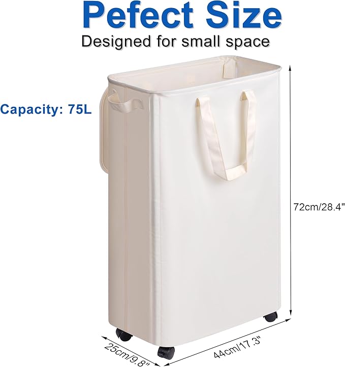 Slim Laundry Hamper with Lid and Wheels, Small Rolling Laundry Basket with