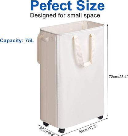 Slim Laundry Hamper with Lid and Wheels, Small Rolling Laundry Basket with