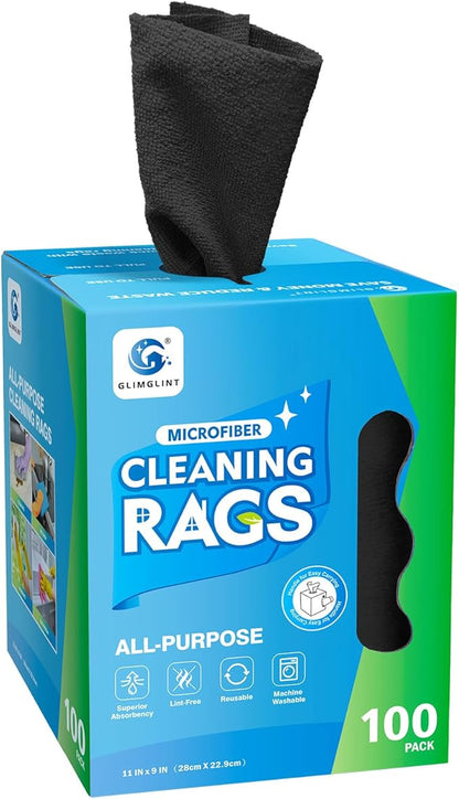 GLIMGLINT Black Microfiber Cleaning Cloth, 100 Pack Cleaning Rags, Ultra