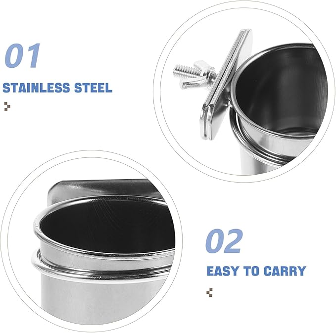 Toyvian 2pcs Stainless Steel Bird Feeding Cage Cups with Clamp Holder, 4.4cm and 5.5cm Parrot Food and Water Bowls for Small Birds Cage Accessories