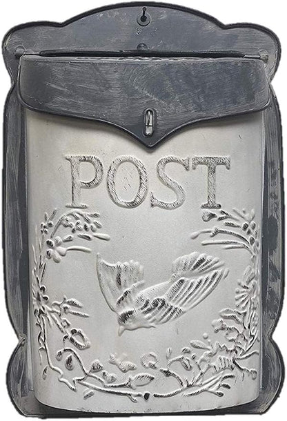 Vintage Farmhouse Decorative Post Box – Rustic Wall Mounted Mailbox Decor for Home, Porch & Garden, Hanging Floral Display Holder, Country Style Metal Wall Accent (White Bird Design)