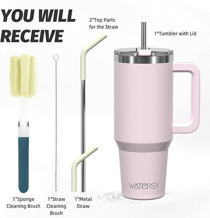 40 oz Tumbler with Handle,Tumbler with Lid and Straw,Double Wall Insulated Cup Stainless Steel Travel Mug(Cold for 34 Hours),Water Bottle for Iced Tea,Coffee,Cold Beverages(Rose Quartz)