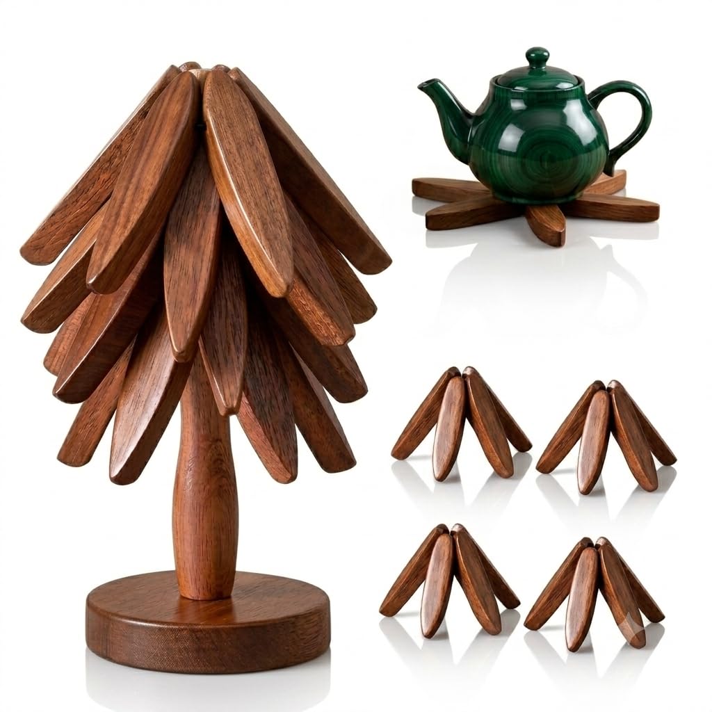 Wooden Trivet Tree 4 in 1 Walnut Wood Pot Holder Stand 8.9 Inches Tall Decorative Kitchen Decor Trivet Heat Resistant Hot Pad and Table Protector for Kitchen Counter Unique Hostess Gift
