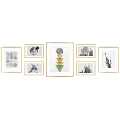 Golden State Art, Aluminum Gallery Wall Frame Set of 7 - Includes One 11x14, Two 8x10, and Four 5x7 - Metal Frames with Mat & Real Glass Cover for Elegant Home or Office Decor (Style 2, Gold)