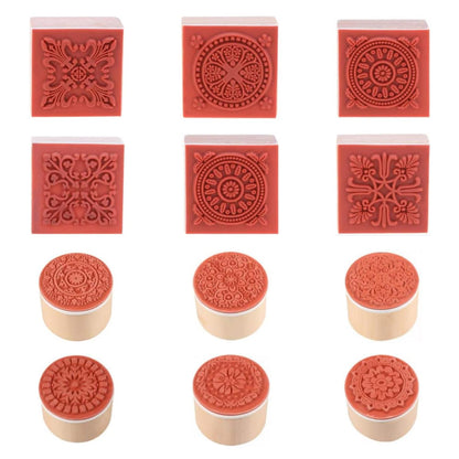 Voittozege 12 Piece Wooden Floral Pattern Stamp Set ，Rubber Stamps Round and Square Decorative Wooden Stamps Set for DIY Crafts, Card Making and Scrapbooking