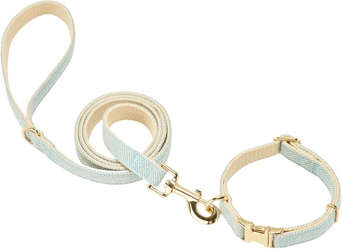 Luxury Soft Cotton Tweed Fabric Dog Collar & Leash Set with Gold Buckle – Durable Fabric, Stylish Design for Everyday Walks(Large LtBlue)