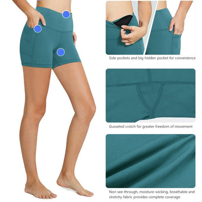 baleaf Biker Shorts Women Yoga Gym Workout Spandex Running Volleyball Tummy Control Compression with Pockets 5" Green M