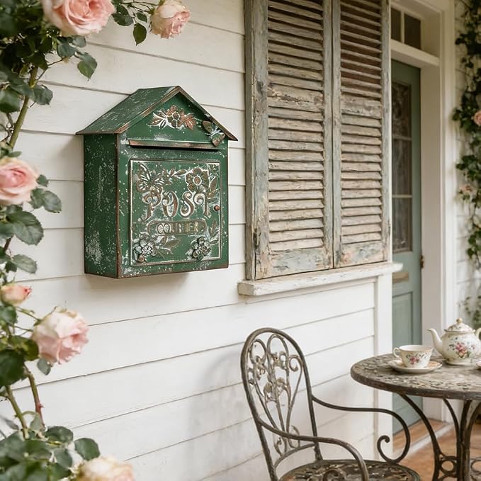 Vintage Green Wall Mount Mailbox for Outside, Metal Post Box Decorative Antique Style Mail Drop Box for House Decor(Dark Green)