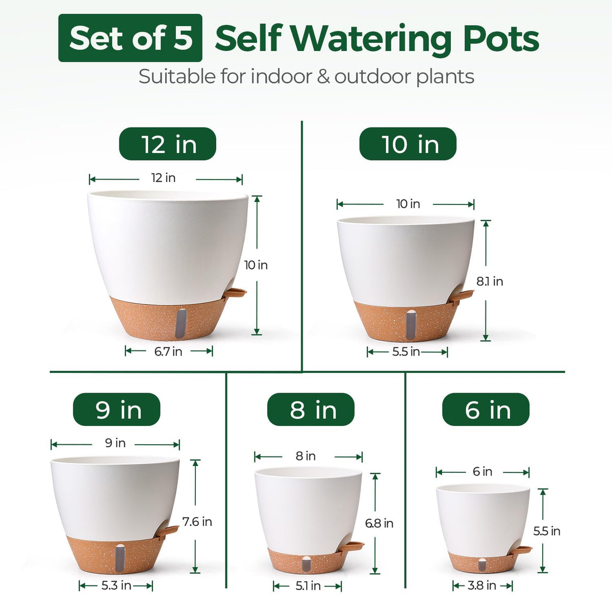 T4U 5 Pack Self Watering Pots (6"+8"+9"+10"+12") - Water Level Indicator & Deep Reservoir, Mess-Free Planters for Busy People, Beginners & Gardeners, Fit Most Plants, Indoor Outdoor Use (White)