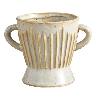 47th & Main Textured White Glazed Ceramic Planter with Handles for Flowers Small Plants Succulents and More, Large, Stripes