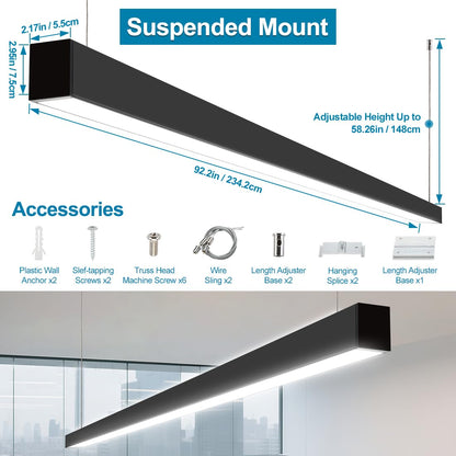 Xbuyee 8FT Linkable LED Linear Light, 100/90/80/70/60W Adjustable, 3000K/4000K/5000K Selectable Linear Lighting Fixture, 0-10V Dimmable Architectural Hanging Office Shop Light for Retails, ETL 2Pack