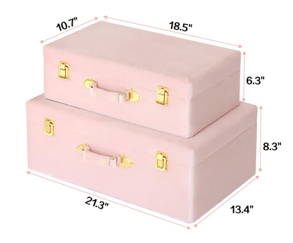 HofferRuffer Velvet Storage Trunks with Wood Frame, Set of 2 Storage Chests with Handles, Bedroom Organizer Nesting Upholstered Decorative Boxes Hinged Lid with Gold Hardware Accents (Pink Trunks)