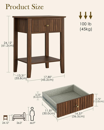 Apetaccat Fluted Nightstand, Farmhouse Night Stand with 1 Drawers, Mid Century Modern Side Accent Table,Bedside End Table for Bedroom, Living Room, Brown