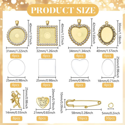 WEBEEDY 94 PCS 16 Sets Wedding Bouquet Photo Charms Gold Rhinestone Pin Brooch Making Kit Heart Oval Round Square Charms with Clear Glass Cabochons You Are Always in My Heart Charm for Wedding Gift