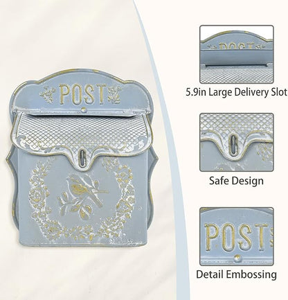 Wall Mount Mailboxes for Outside Vintage Mail Boxes for House Outside Metal Door Mailbox Drop Box Antique Style Nostalgic Charm Home Decorative, Blue