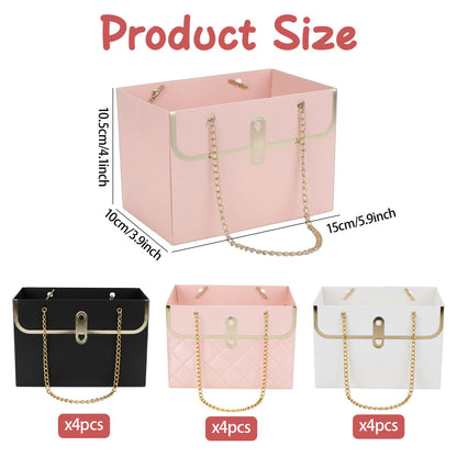 12 Pack Flower Paper Gift Bag, Bouquet Storage Bucket Box Paper Flower Handbag Box with Metal Chain Rectangle Mother's Day Flower Bags for Bouquets Wedding Flower Graduation Supplies, Black White Pink
