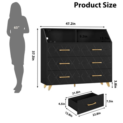 GarveeLife Modern 6 Drawer Dresser with LED Lights & Charging Station - Spacious Wooden Storage Cabinet - Sturdy Metal Legs - Ideal for Bedroom, Living Room, Hallway, Entryway - Color: Black