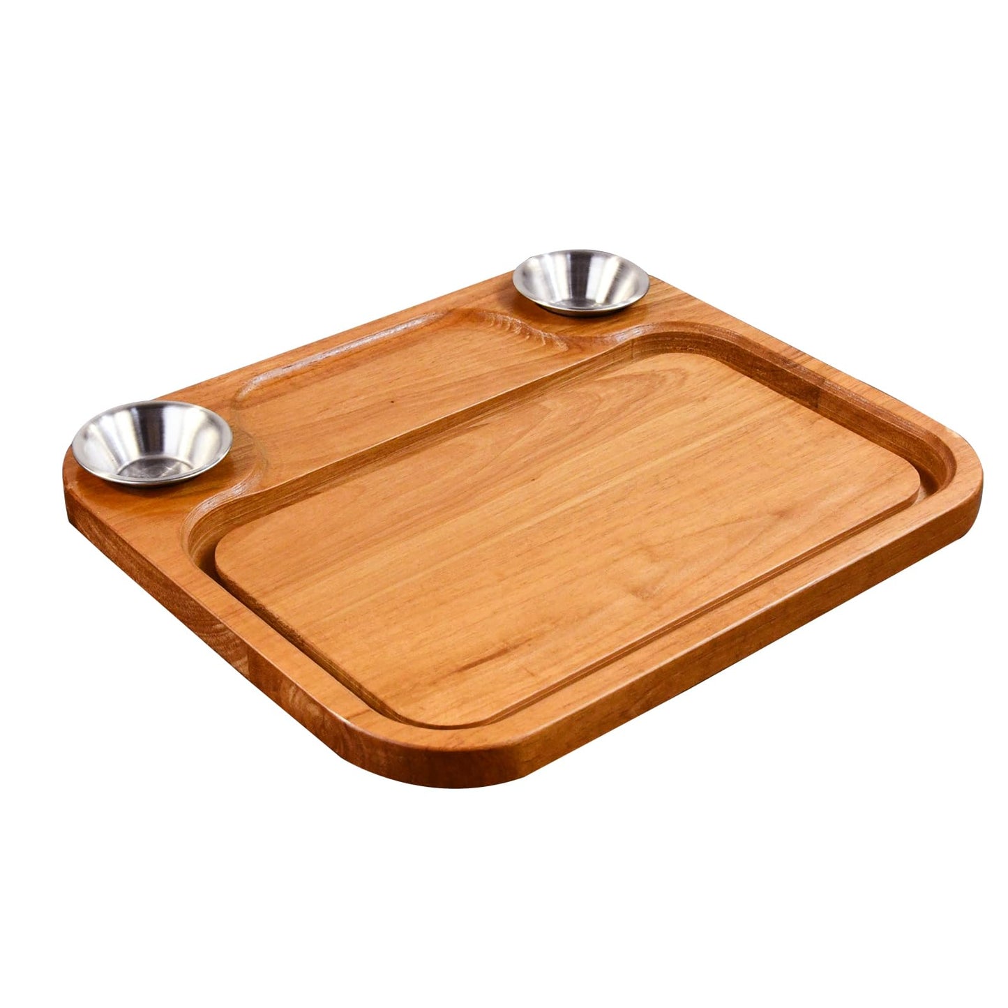 MAVOTER Wooden Steak Plates include 2 Sauce Cups, Wood Steak Board Set Serving Tray for Food Meat Cutting Board with Juice Groove, Charcuterie Board Platter for Home